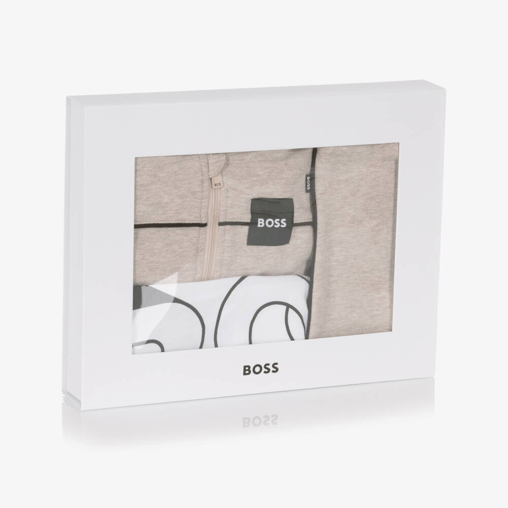 BOSS-Baby Boys Beige Marl Cotton Tracksuit Set | Childrensalon