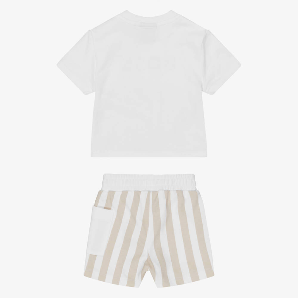 BOSS-Baby Boys Beige & White Cotton Jersey Shorts Set | Childrensalon