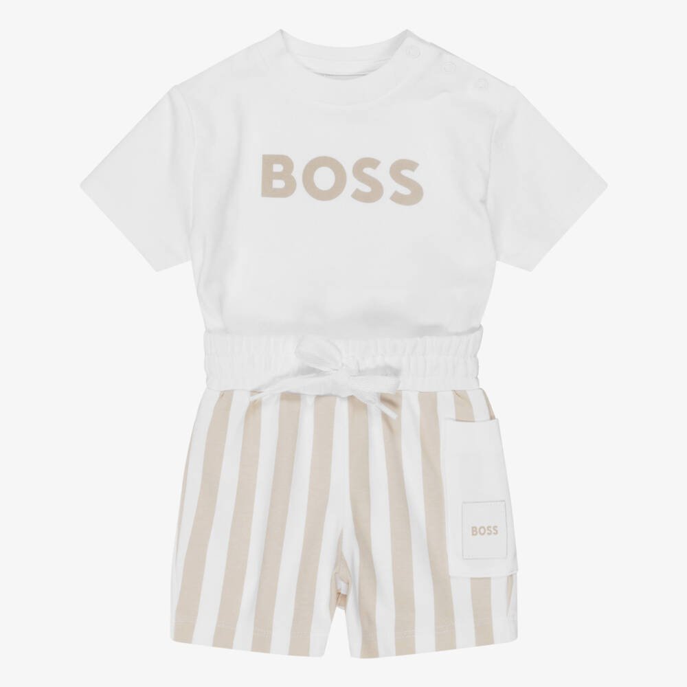 BOSS-Baby Boys Beige & White Cotton Jersey Shorts Set | Childrensalon