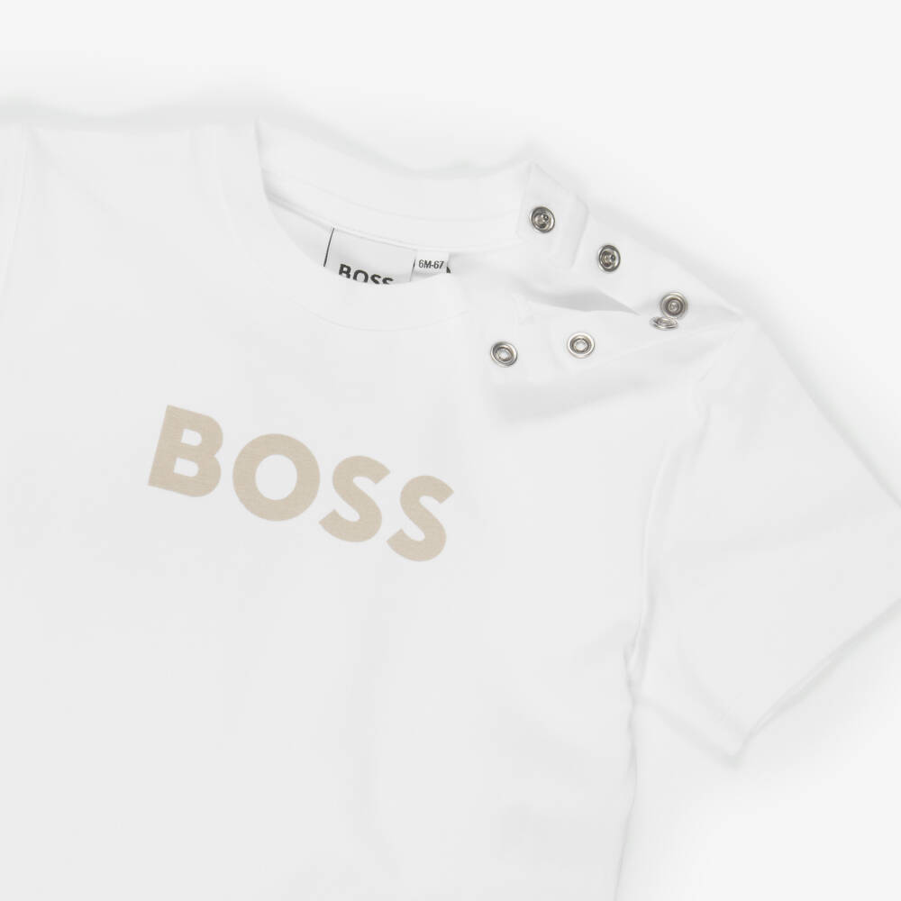 BOSS-Baby Boys Beige & White Cotton Jersey Shorts Set | Childrensalon