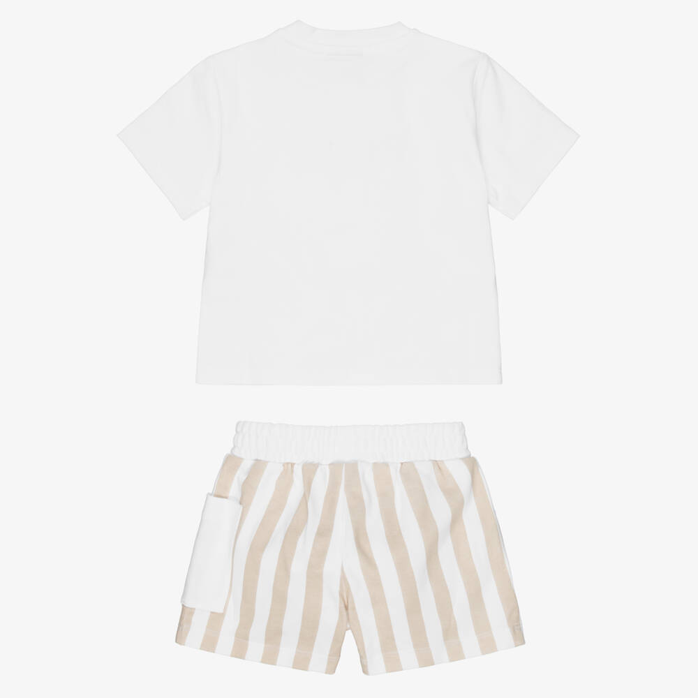 BOSS-Baby Boys Beige & White Cotton Jersey Shorts Set | Childrensalon