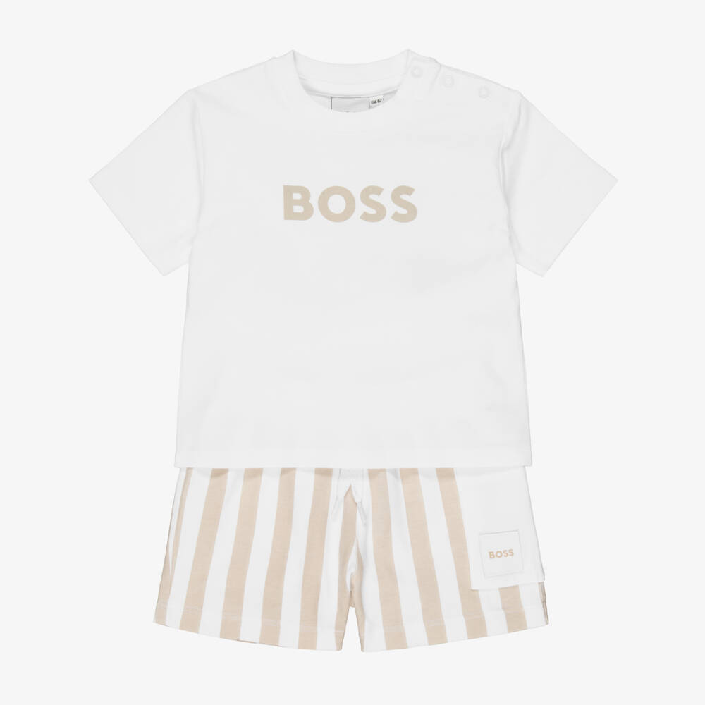 BOSS-Baby Boys Beige & White Cotton Jersey Shorts Set | Childrensalon