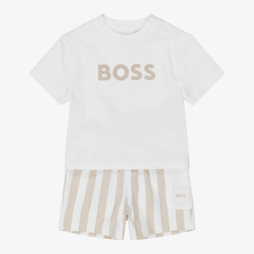 BOSS-Baby Boys Beige & White Cotton Jersey Shorts Set | Childrensalon