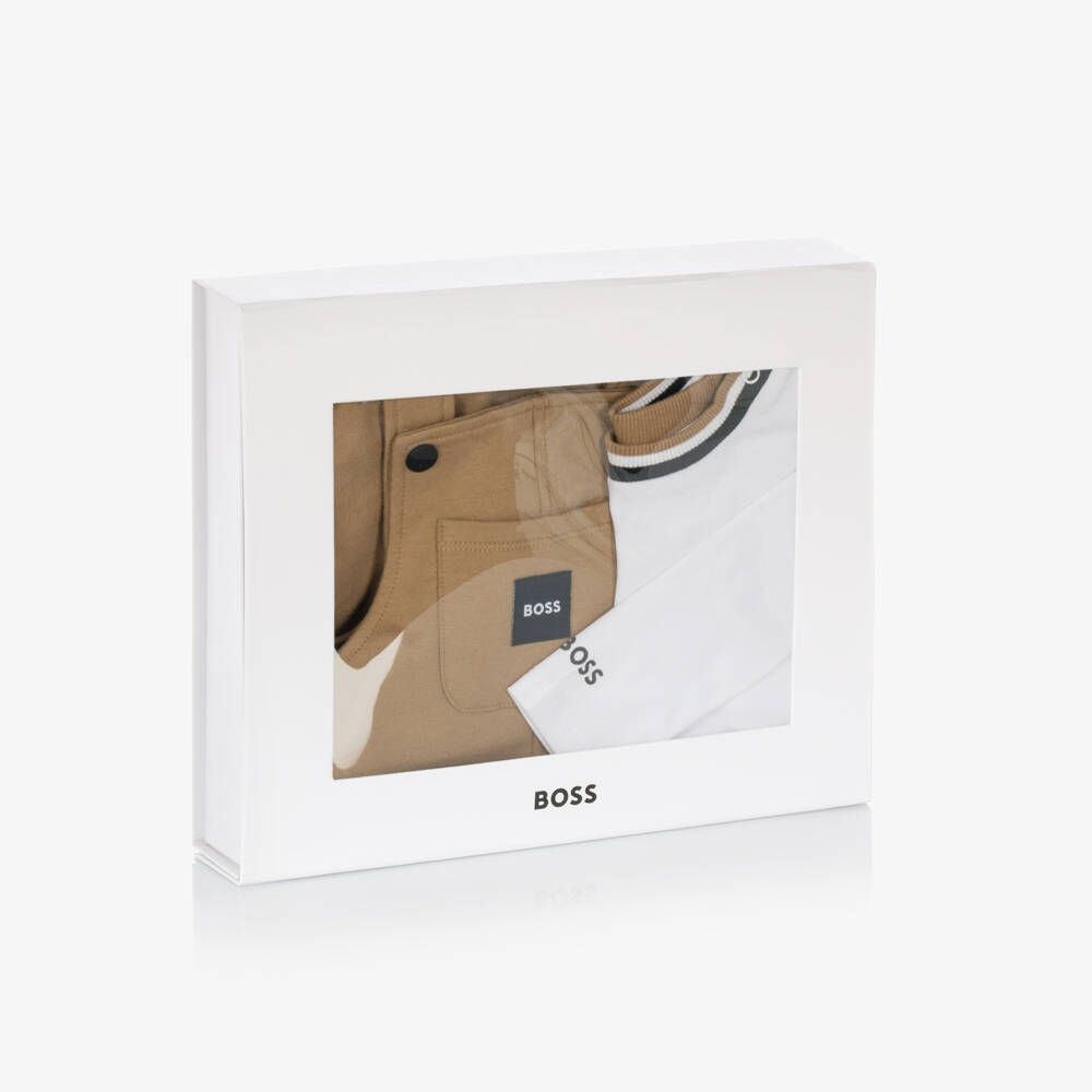 BOSS-Baby Boys Beige & White Dungaree Set | Childrensalon