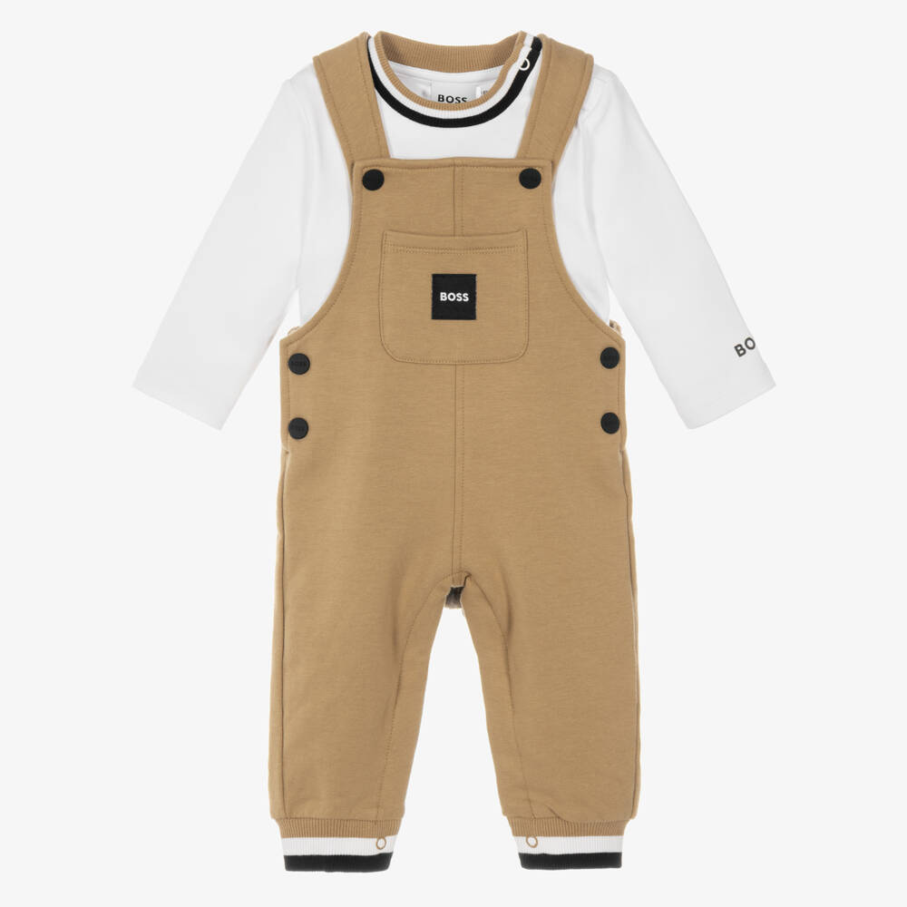 BOSS-Baby Boys Beige & White Dungaree Set | Childrensalon