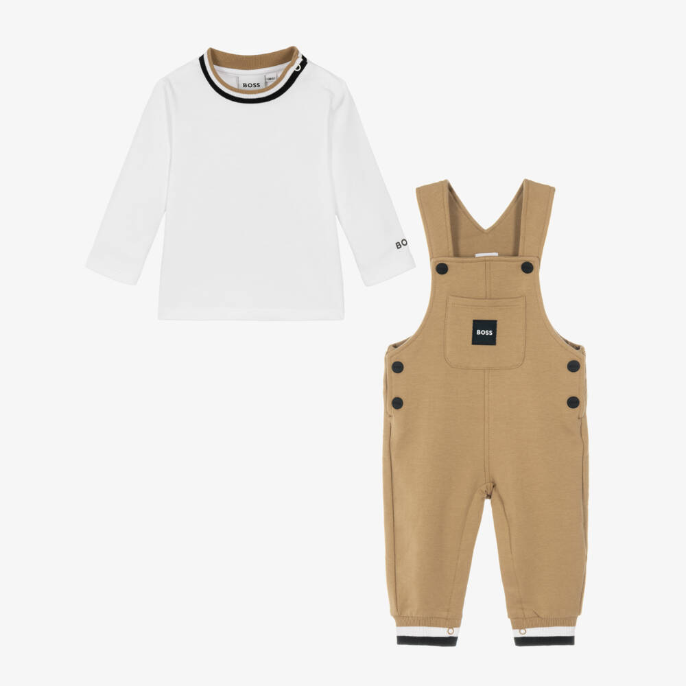 BOSS-Baby Boys Beige & White Dungaree Set | Childrensalon