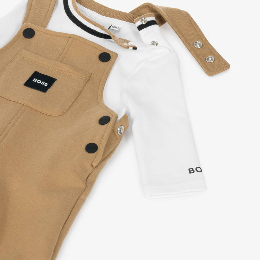 BOSS-Baby Boys Beige & White Dungaree Set | Childrensalon