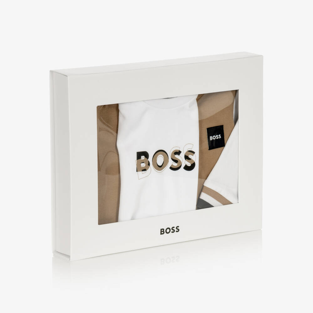 BOSS-Baby Boys Beige & White Tracksuit Set | Childrensalon