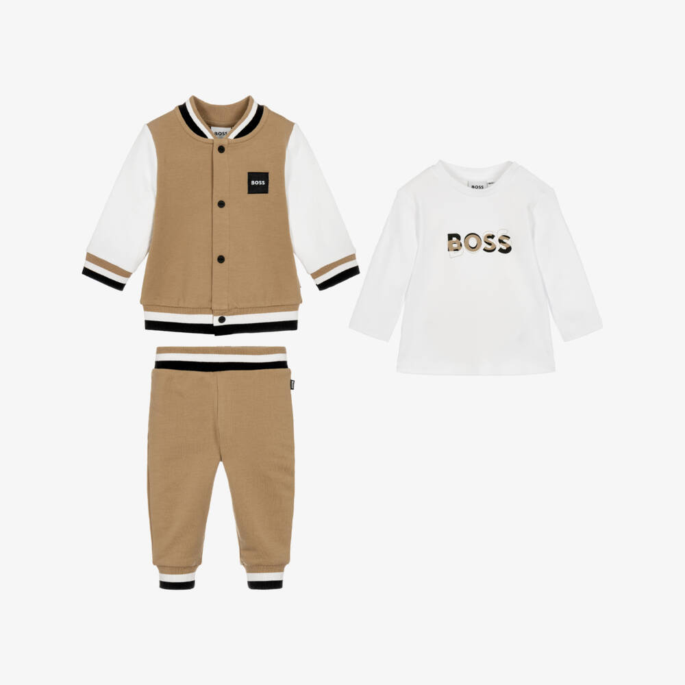 BOSS-Baby Boys Beige & White Tracksuit Set | Childrensalon
