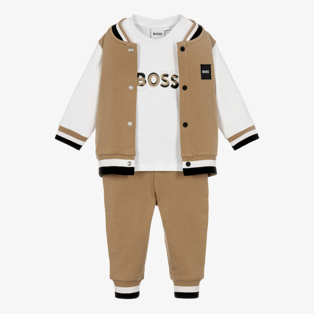 BOSS-Baby Boys Beige & White Tracksuit Set | Childrensalon