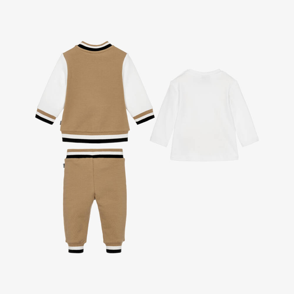 BOSS-Baby Boys Beige & White Tracksuit Set | Childrensalon