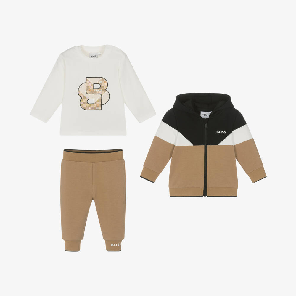 BOSS-طقم رياضي قطن عضوي لون بيج | Childrensalon