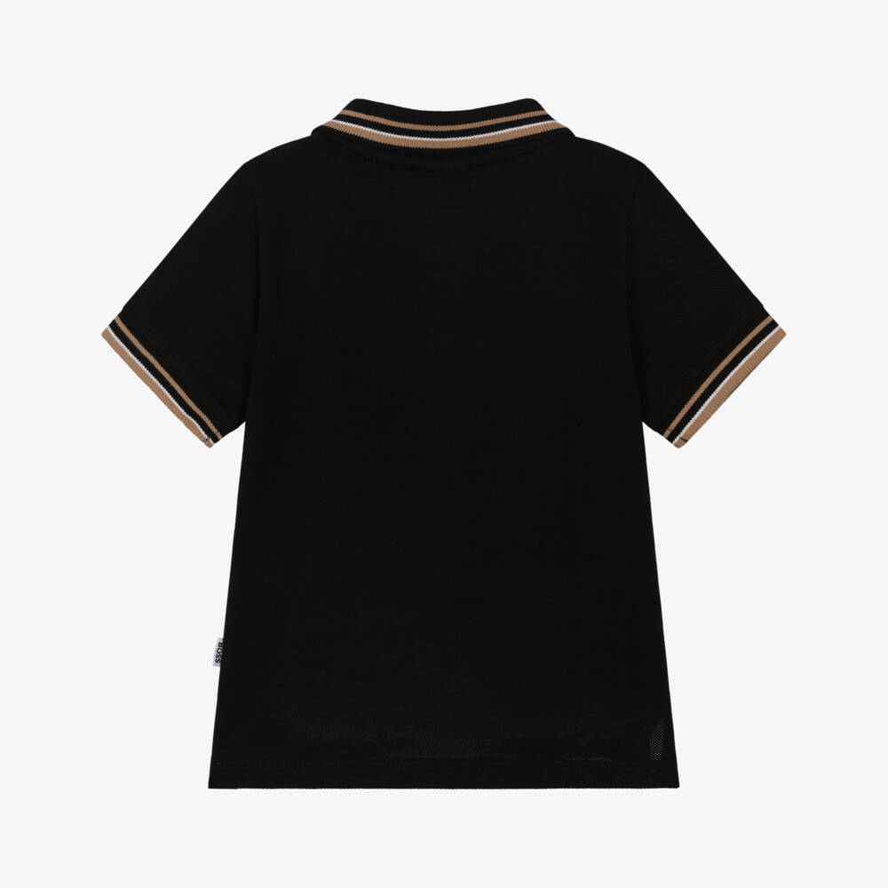 BOSS-Baby Boys Black Cotton Piqué Tipped Logo Polo Shirt | Childrensalon