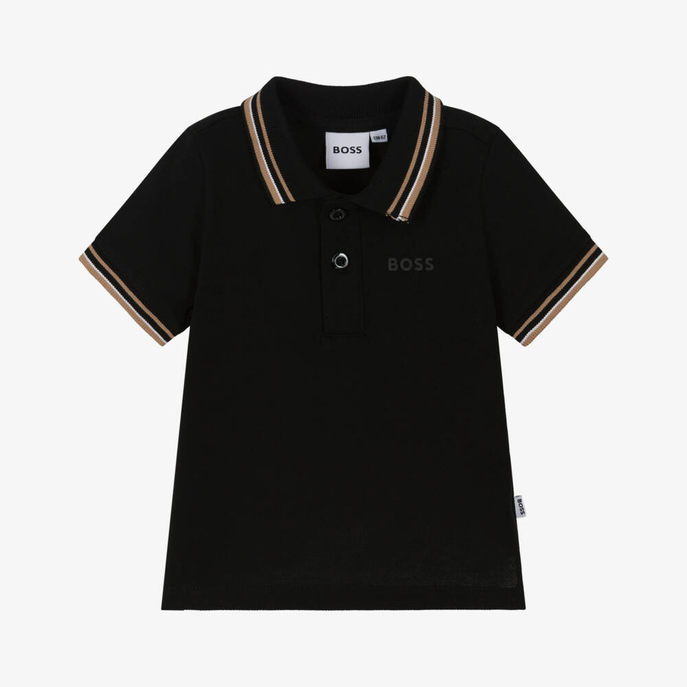 BOSS-Baby Boys Black Cotton Piqué Tipped Logo Polo Shirt | Childrensalon
