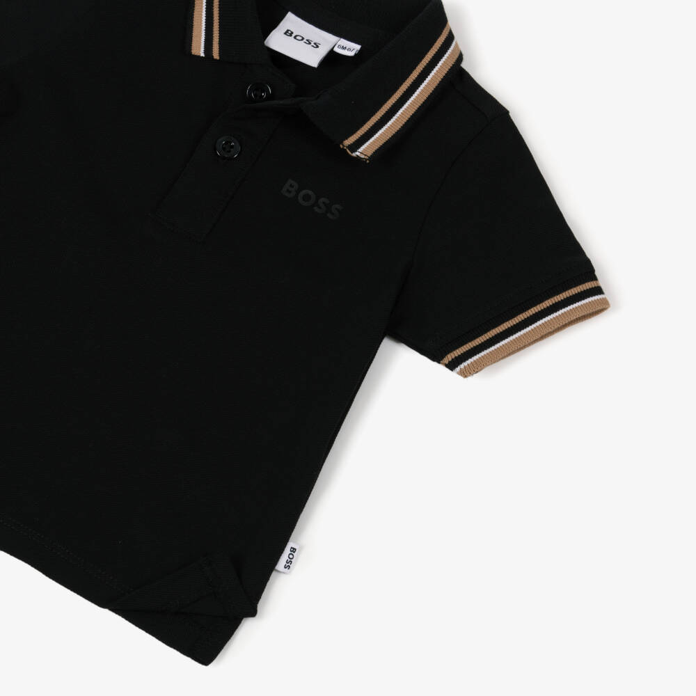 BOSS-Baby Boys Black Cotton Piqué Tipped Logo Polo Shirt | Childrensalon