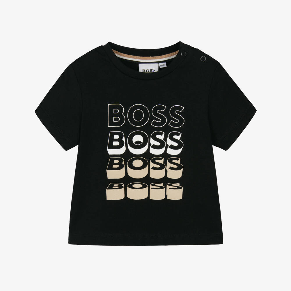 BOSS-Baby Boys Black Cotton T-Shirt with Repeat Logo | Childrensalon