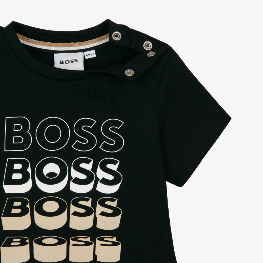 BOSS-Baby Boys Black Cotton T-Shirt with Repeat Logo | Childrensalon