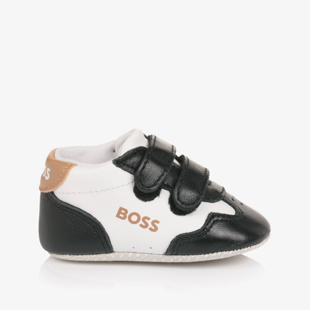 BOSS-Baby Boys Black & White Leather Pre-Walker Trainers | Childrensalon