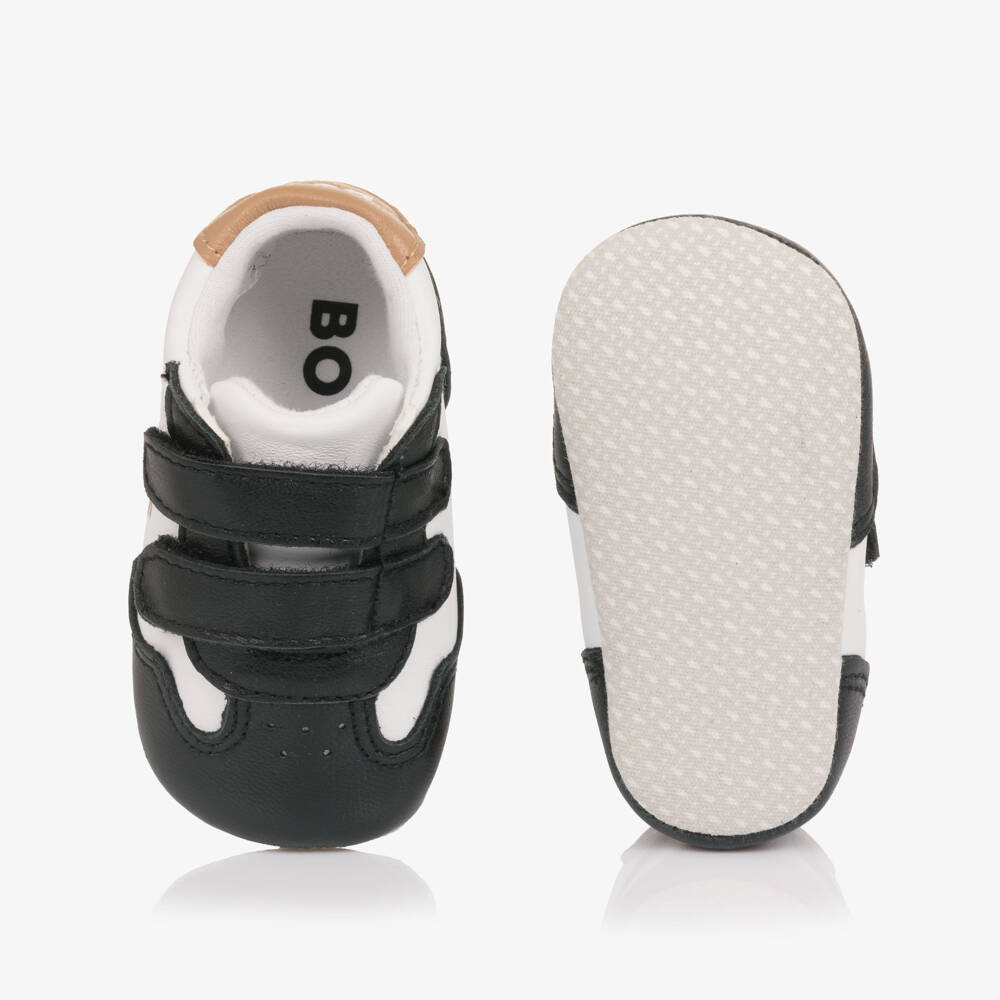 BOSS-Baby Boys Black & White Leather Pre-Walker Trainers | Childrensalon