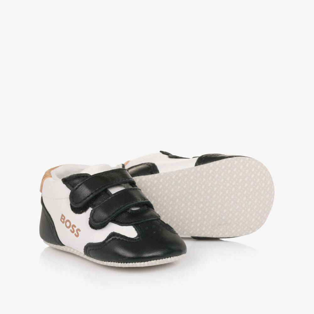 BOSS-Baby Boys Black & White Leather Pre-Walker Trainers | Childrensalon