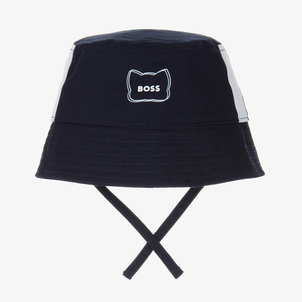 BOSS-Baby Boys Blue Cotton Bucket Hat with Red Panda Logo | Childrensalon