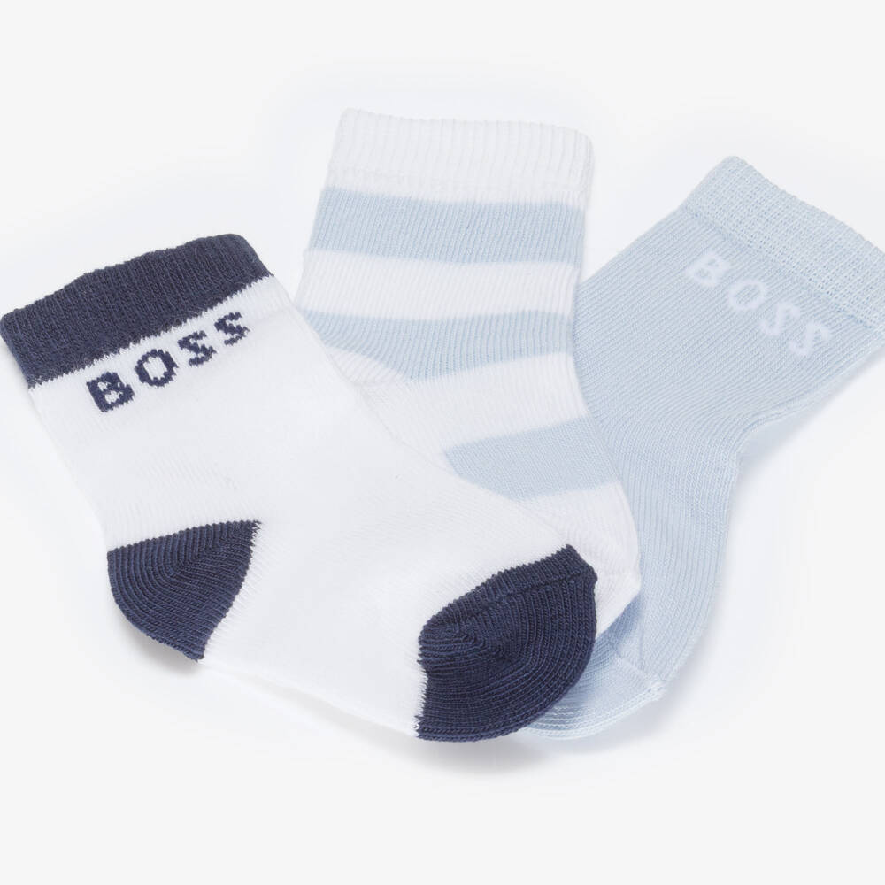 BOSS-جوارب قطن بشعار لون أزرق للأولاد الرضع (عدد 3) | Childrensalon