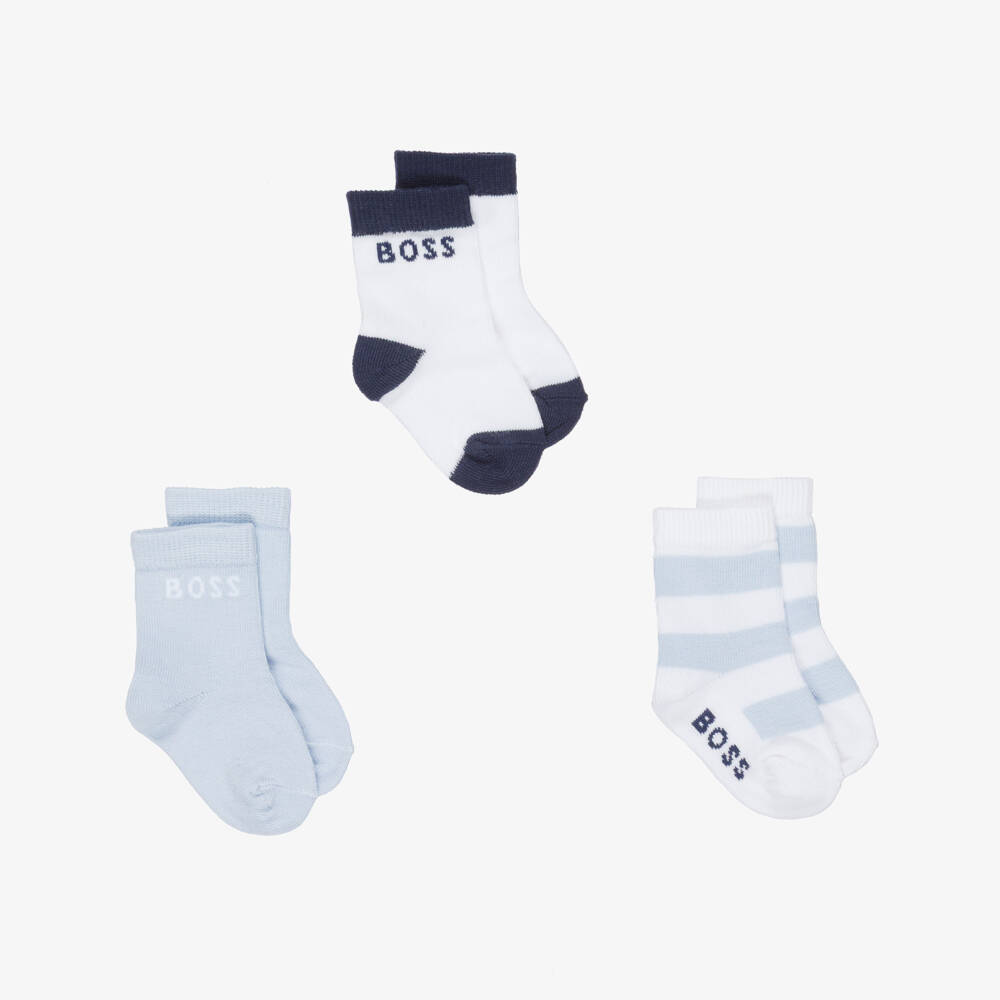 BOSS-جوارب قطن بشعار لون أزرق للأولاد الرضع (عدد 3) | Childrensalon