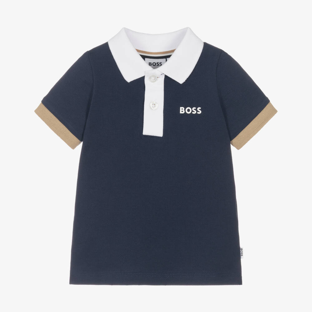 BOSS-Baby Boys Blue Cotton Piqué Colourblock Detail Polo Shirt | Childrensalon
