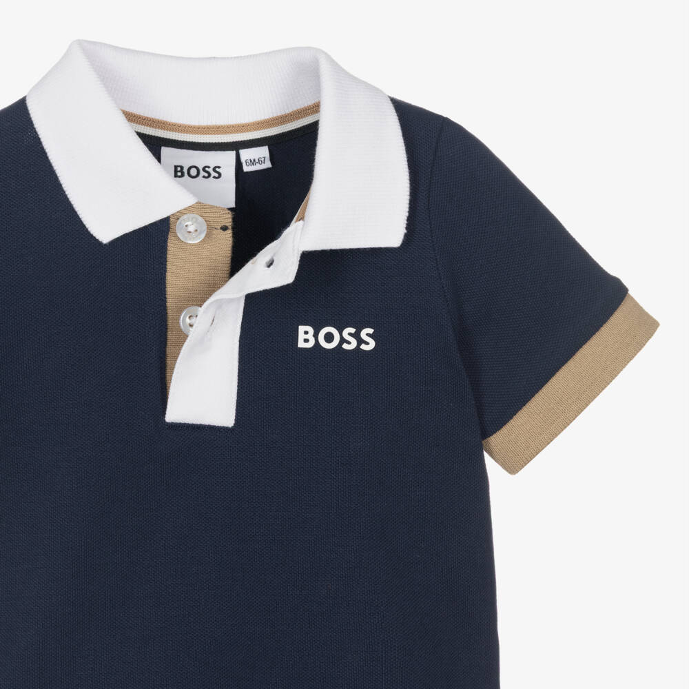 BOSS-Baby Boys Blue Cotton Piqué Colourblock Detail Polo Shirt | Childrensalon