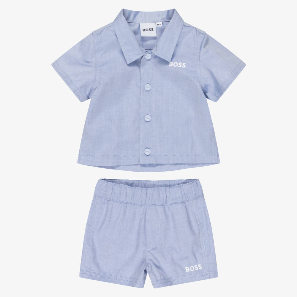 BOSS-Baby Boys Blue Cotton Short-Sleeved Shirt & Shorts Set | Childrensalon
