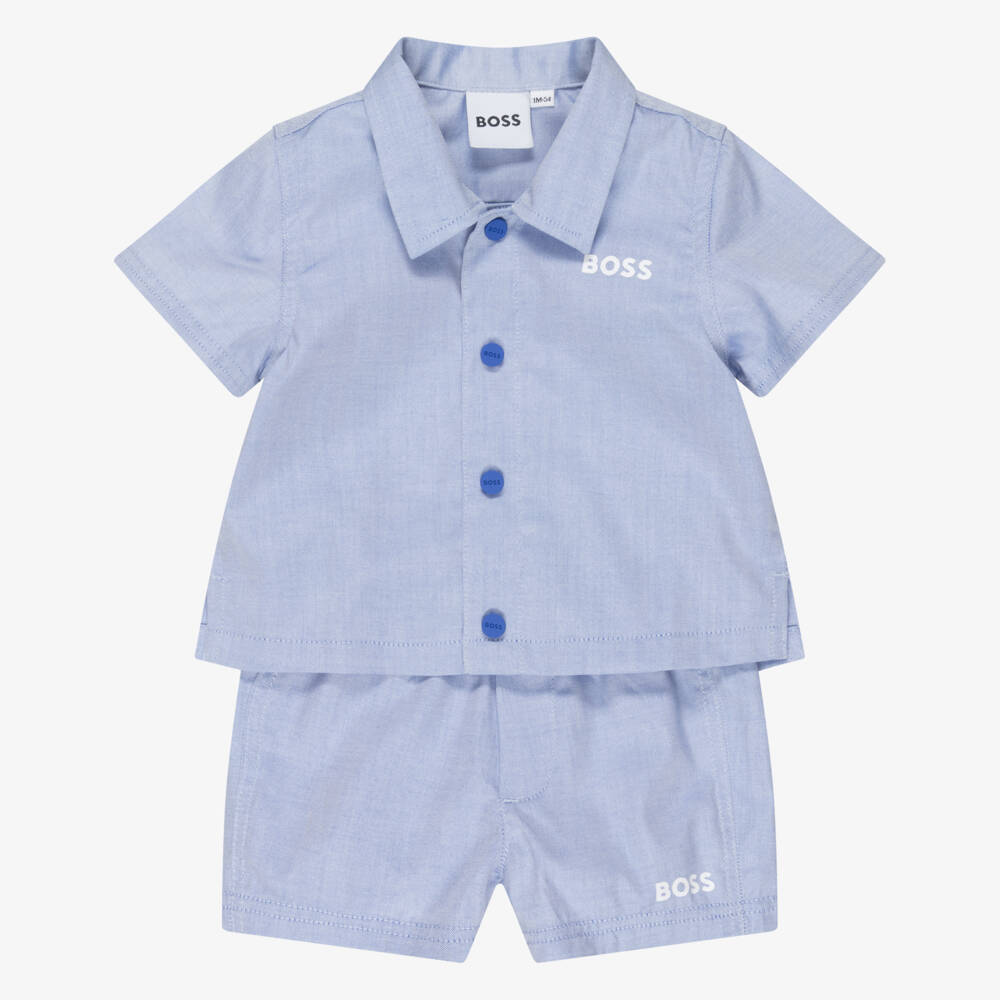 BOSS-Baby Boys Blue Cotton Short-Sleeved Shirt & Shorts Set | Childrensalon
