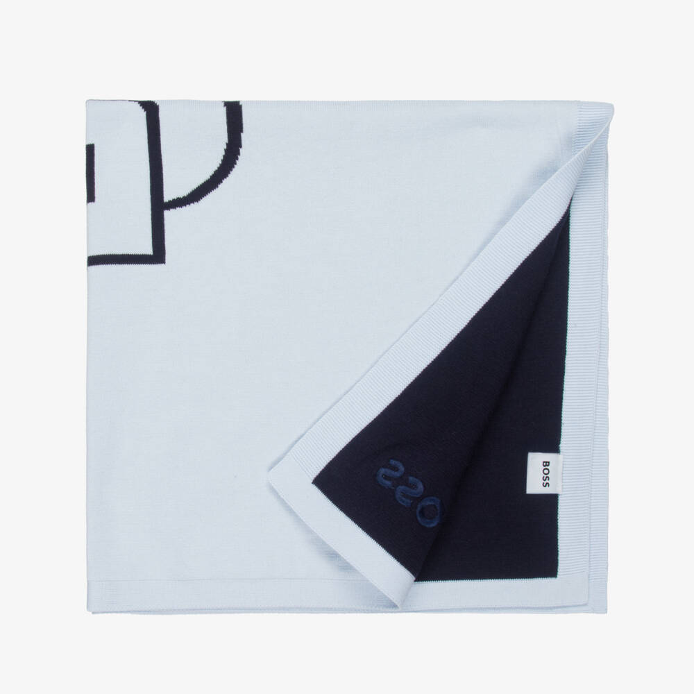 BOSS-Baby Boys Blue Double B Monogram Cotton Blanket (75cm) | Childrensalon