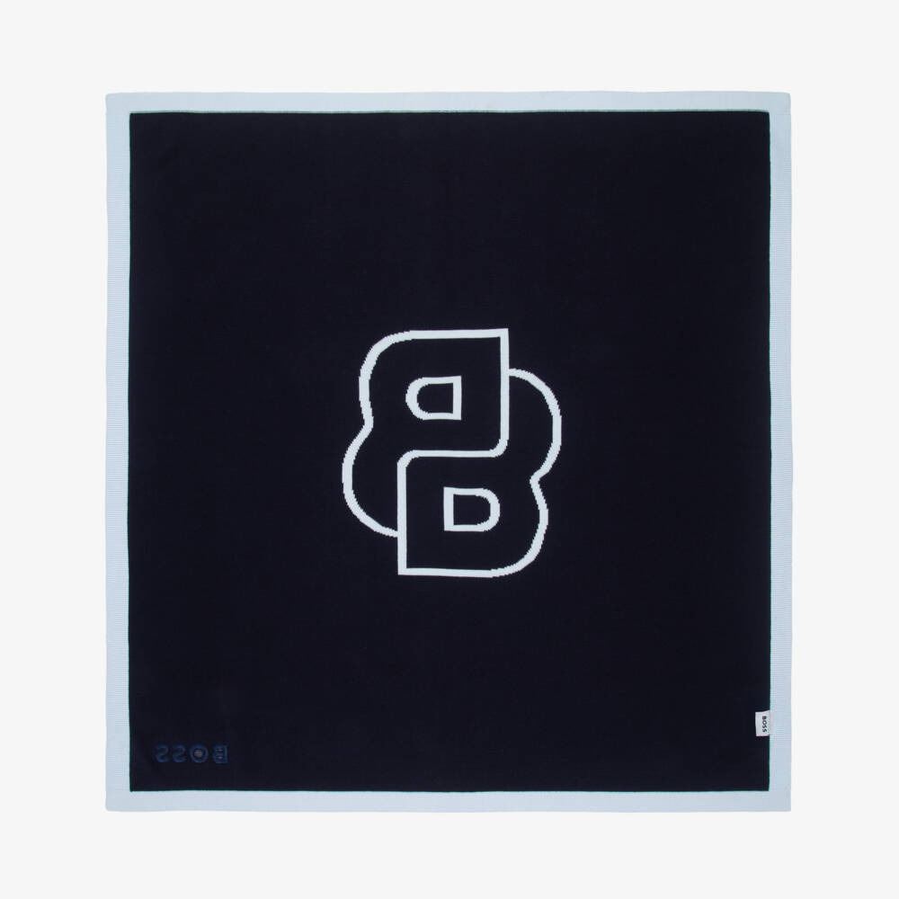 BOSS-Baby Boys Blue Double B Monogram Cotton Blanket (75cm) | Childrensalon