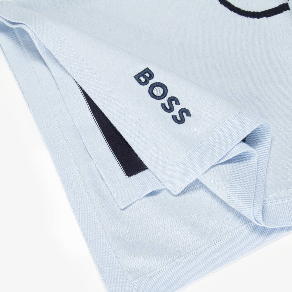 BOSS-Baby Boys Blue Double B Monogram Cotton Blanket (75cm) | Childrensalon