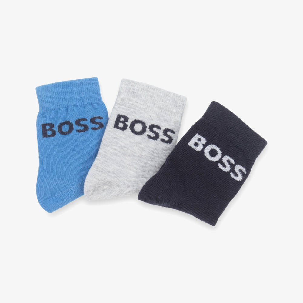 BOSS-Baby Boys Blue & Grey Cotton Socks (3 Pack) | Childrensalon