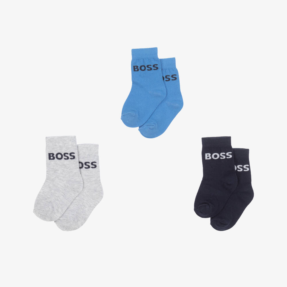 BOSS-Baby Boys Blue & Grey Cotton Socks (3 Pack) | Childrensalon