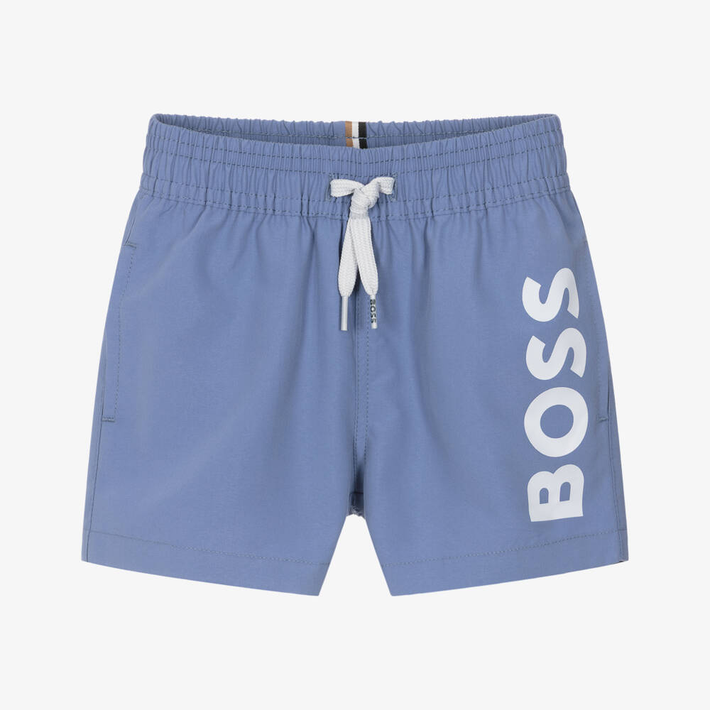 BOSS-Baby Boys Blue Swim Shorts with White Logo Print | Childrensalon