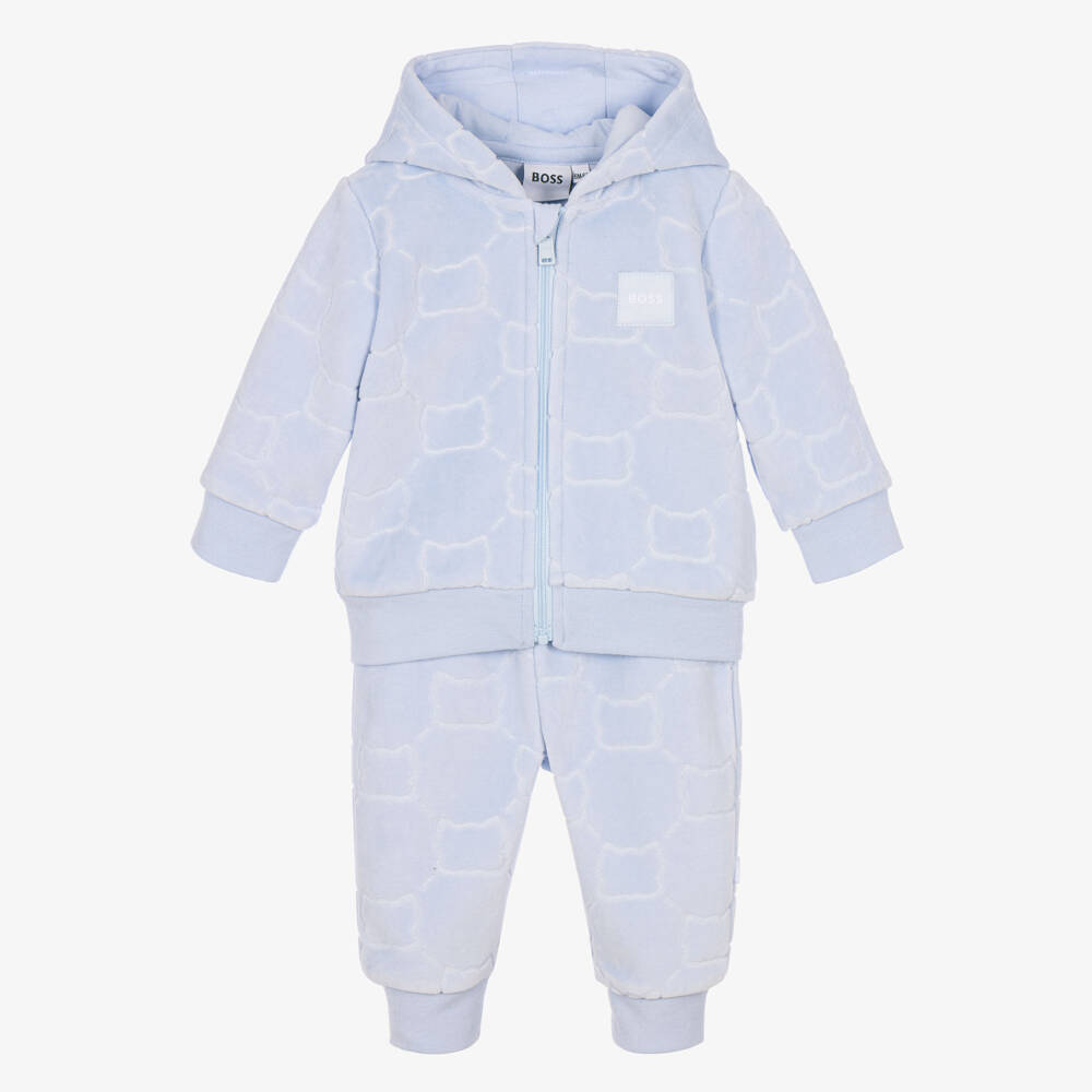 BOSS-Baby Boys Blue Velour Tracksuit with Embossed Pattern | Childrensalon