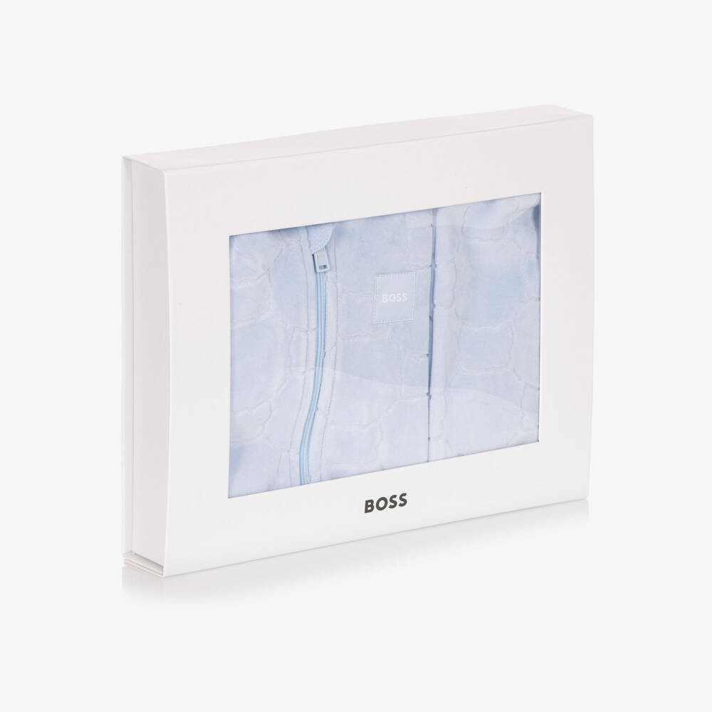 BOSS-Baby Boys Blue Velour Tracksuit with Embossed Pattern | Childrensalon