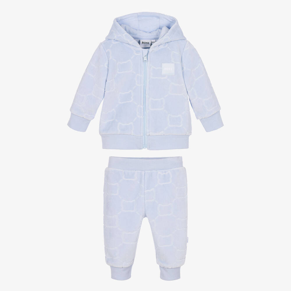 BOSS-Baby Boys Blue Velour Tracksuit with Embossed Pattern | Childrensalon
