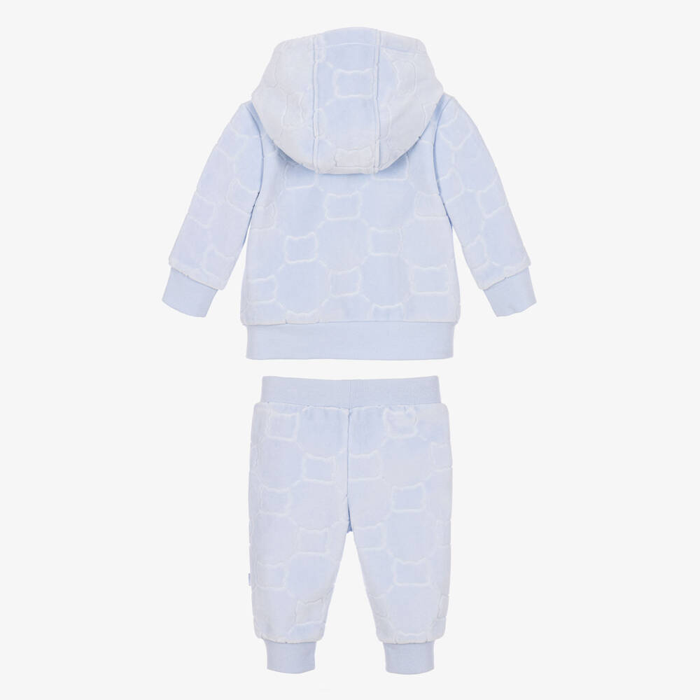 BOSS-Baby Boys Blue Velour Tracksuit with Embossed Pattern | Childrensalon