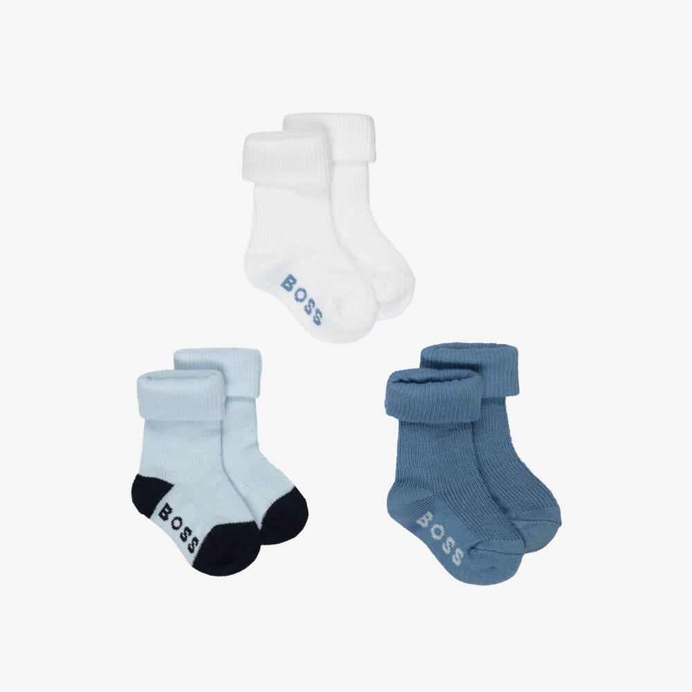BOSS-Baby Boys Blue & White Ankle Socks (3 Pack) | Childrensalon