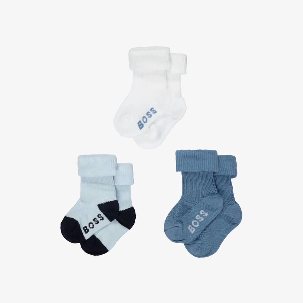 BOSS-Baby Boys Blue & White Ankle Socks (3 Pack) | Childrensalon