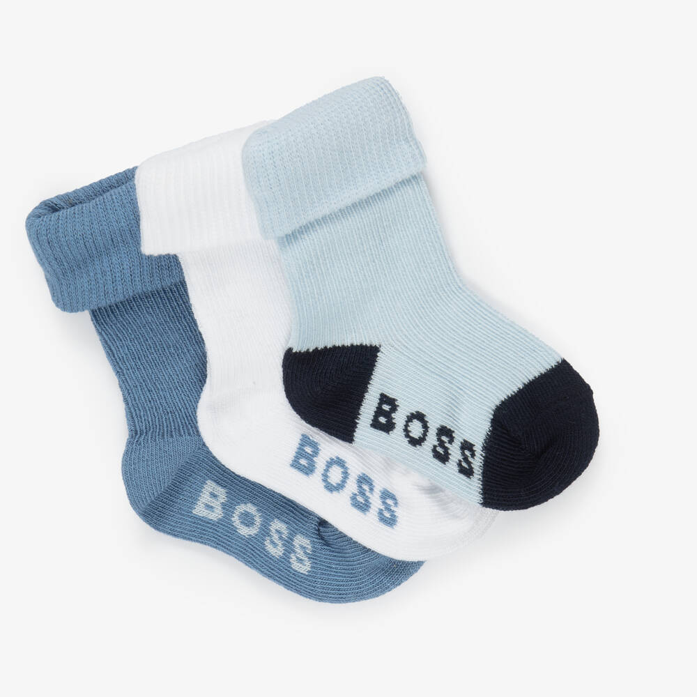 BOSS-Baby Boys Blue & White Ankle Socks (3 Pack) | Childrensalon
