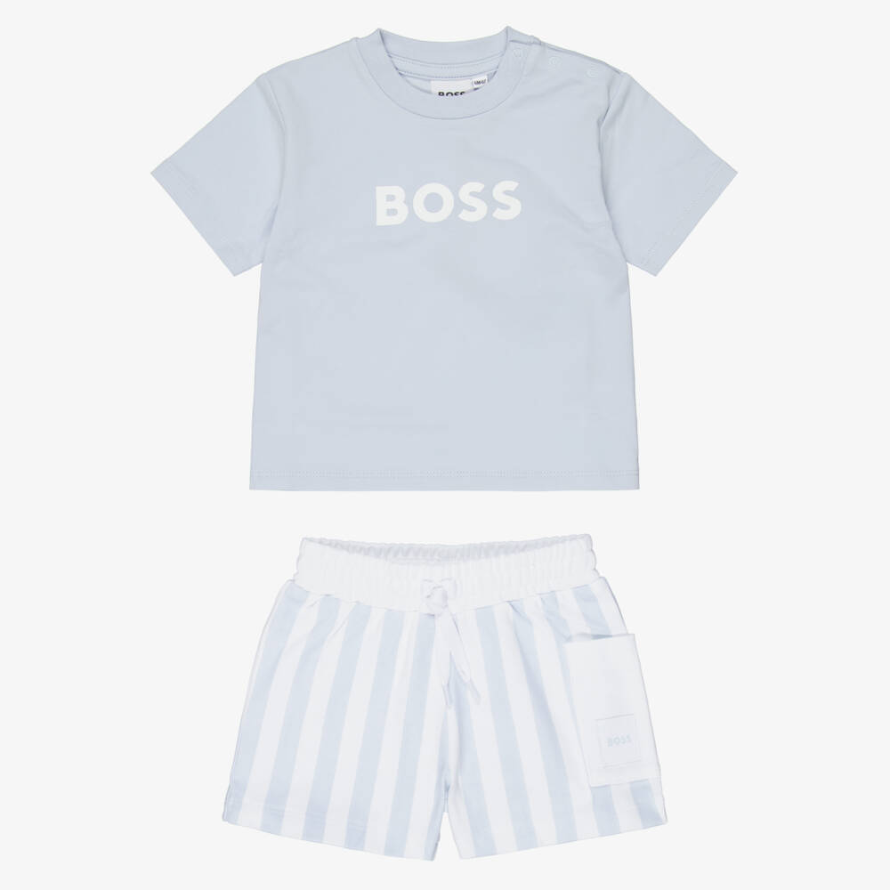 BOSS-Baby Boys Blue & White Cotton Jersey Shorts Set | Childrensalon