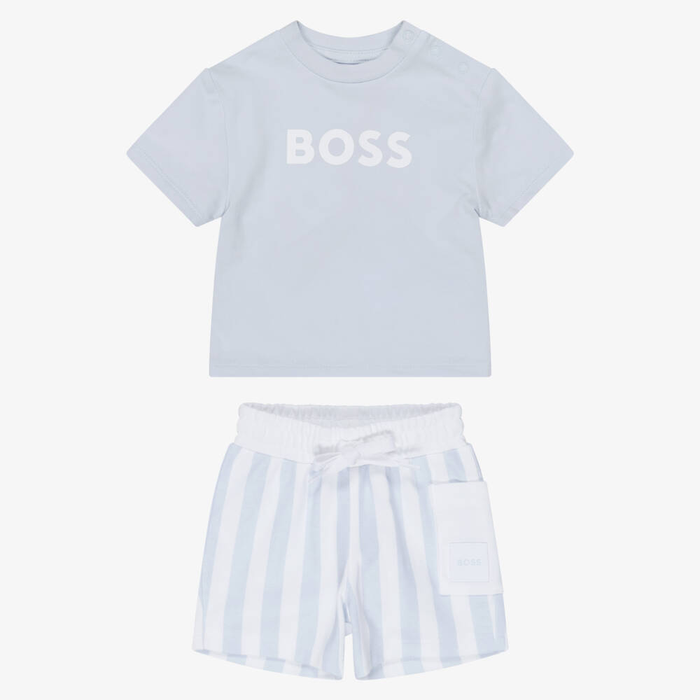 BOSS-Baby Boys Blue & White Cotton Jersey Shorts Set | Childrensalon