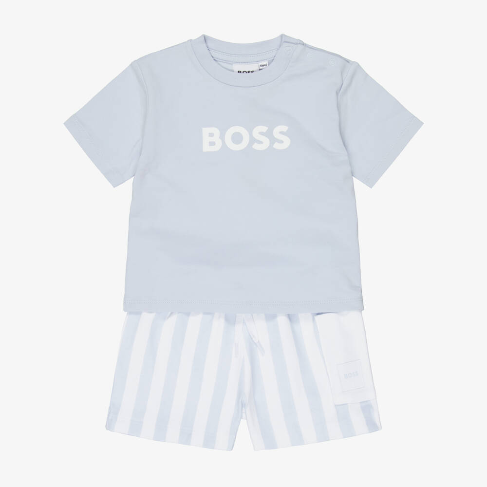 BOSS-Baby Boys Blue & White Cotton Jersey Shorts Set | Childrensalon