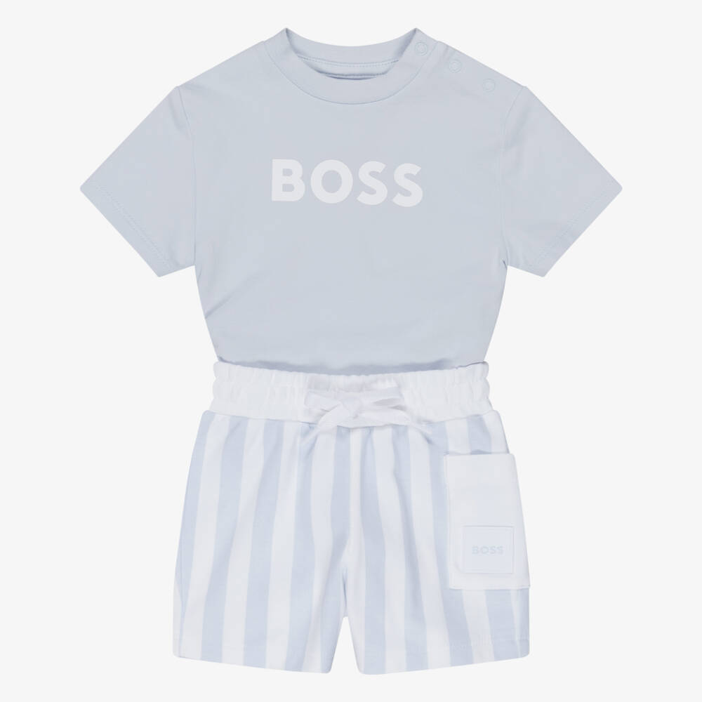 BOSS-Baby Boys Blue & White Cotton Jersey Shorts Set | Childrensalon
