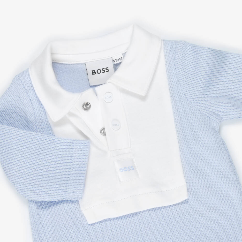 BOSS-Baby Boys Blue & White Cotton Polo Babygrow | Childrensalon