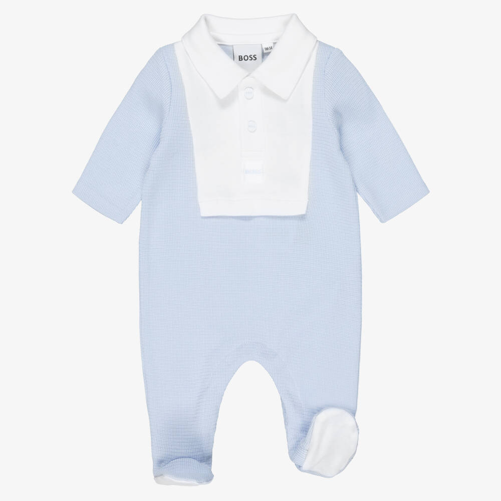 BOSS-Baby Boys Blue & White Cotton Polo Babygrow | Childrensalon